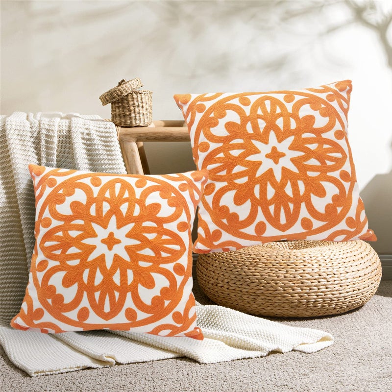 Alysheer Embroidered Decorative Throw Pillow Covers 18""x18"" Set of 2 Pieces  Classic Boho Mandala Knit Pattern  100% Cotton Canvas Cozy Vibrant Cushion Cases for Sofa Couch Living Room (Bright Orange) - Image 5